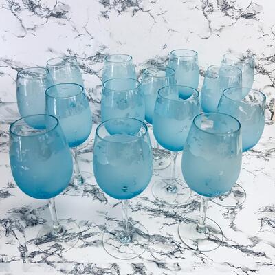 LOT 43 ST  14 PCS BLUE ETCHED FROSTED GLASS STEMWARE OCEAN THEME SEA HORSE SHELLS SHIP 