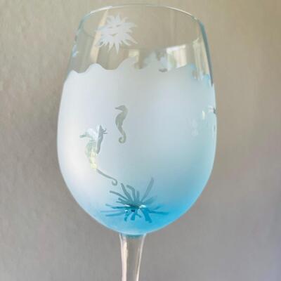 LOT 43 ST  14 PCS BLUE ETCHED FROSTED GLASS STEMWARE OCEAN THEME SEA HORSE SHELLS SHIP 