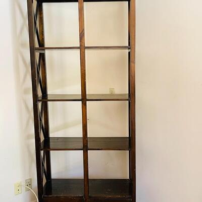 LOT 54  TALL OPEN BOOK SHELF W/2 DRAWERS LATTICE SIDES AS IS 