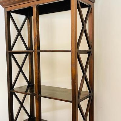LOT 54  TALL OPEN BOOK SHELF W/2 DRAWERS LATTICE SIDES AS IS 