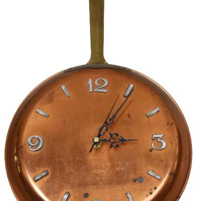 Copper Pan Clock VTG Wall Hanging Frying Pan Brass Handle Country Kitchen