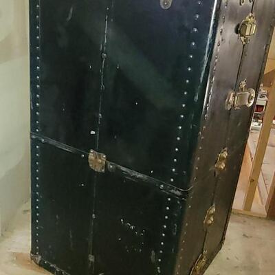 Lot 14: Hartman Trunk Co. Train/Steamer Wardrobe Chest - Black with Brass Hardware & Green Interior Great Condition!