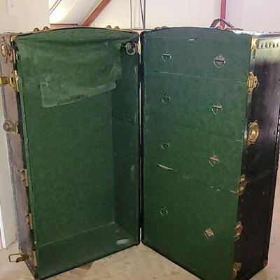 Lot 14: Hartman Trunk Co. Train/Steamer Wardrobe Chest - Black with Brass Hardware & Green Interior Great Condition!