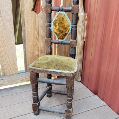 Lot 24: 1920's Jacobean Style Child's Prayer Chair with Green Velvet