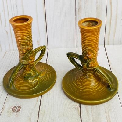 LOT 69 ST  PAIR OF RUST BUSHBERRY CANDLE HOLDERS ROSEVILLE POTTERY