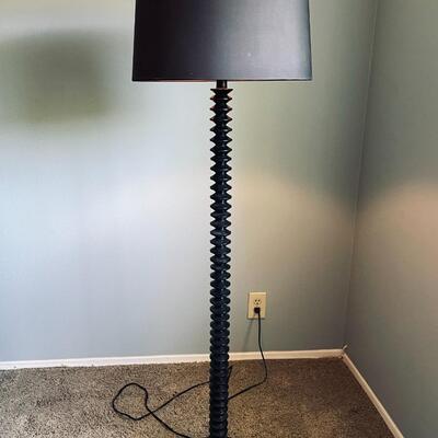 LOT 78  SPINDLE FLOOR LAMP W/BLACK SHADE PAISLEY LINING