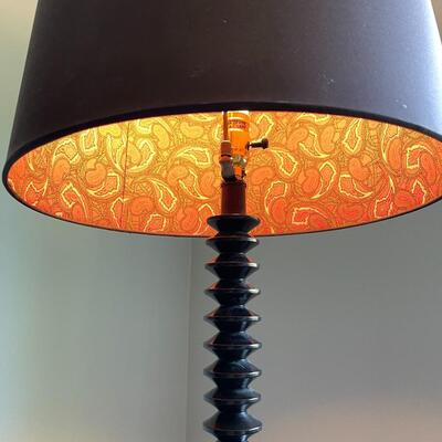 LOT 78  SPINDLE FLOOR LAMP W/BLACK SHADE PAISLEY LINING