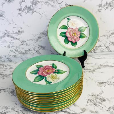 LOT 87 ST  12 SPODE DINNER PLATES FLORAL CENTER GREEN BORDER