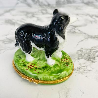 LOT 90 ST  LIMOGES TRINKET BOX FIGURAL BLACK & WHITE BORDER COLLIE DOG