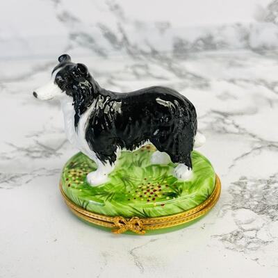 LOT 90 ST  LIMOGES TRINKET BOX FIGURAL BLACK & WHITE BORDER COLLIE DOG