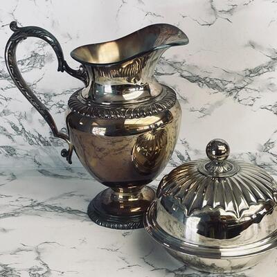 LOT 111 ST  SILVER PLATE WATER PITCHER & COVERED SERVING DISH