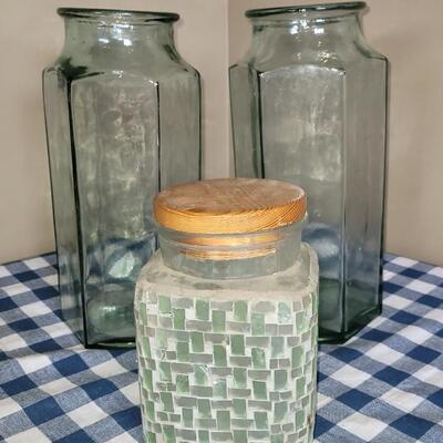 Lot 50: Green Tint Glass Jars and Mosaic Jar