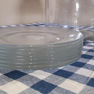 Lot 51: Glass Dinner & Salad Plates and Glass Cannister 
