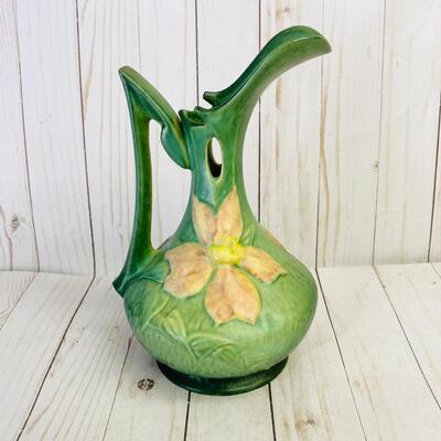 LOT 117  ROSEVILLE POTTERY CLEMATIS EWER PINK ON GREEN 
