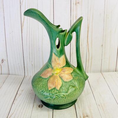 LOT 117  ROSEVILLE POTTERY CLEMATIS EWER PINK ON GREEN 