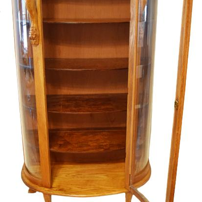Antique Solid Golden Oak Bow/Curved Glass Curio Display Cabinet