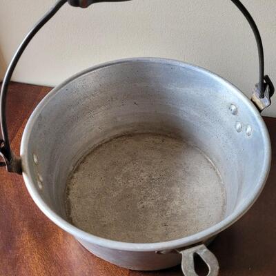 Lot 74: Primitive Farmhouse Aluminum Milk Bucket/Pail with Wood Handle & Skimmer