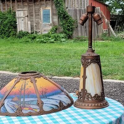 Lot 93: Antique HANDEL Reverse Painted Shade and Slag Glass Double Ballast Lamp