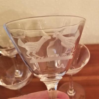 Lot #86  Set of 5 Crystal Goblets  "Kissing birds"