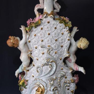 Large Antique Italian Capodimonte Porcelain Lamp Cherub Angels Playing a Violin