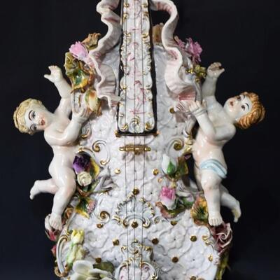 Large Antique Italian Capodimonte Porcelain Lamp Cherub Angels Playing a Violin