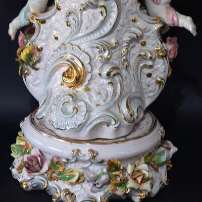 Large Antique Italian Capodimonte Porcelain Lamp Cherub Angels Playing a Violin