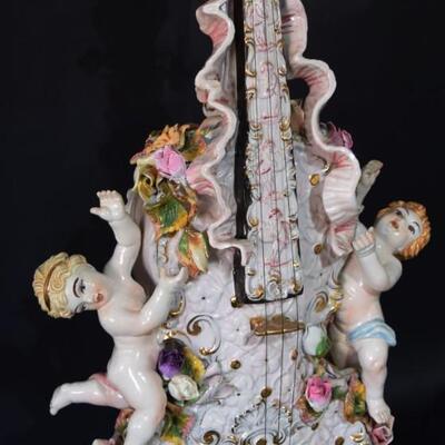 Large Antique Italian Capodimonte Porcelain Lamp Cherub Angels Playing a Violin