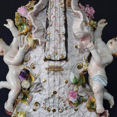 Large Antique Italian Capodimonte Porcelain Lamp Cherub Angels Playing a Violin