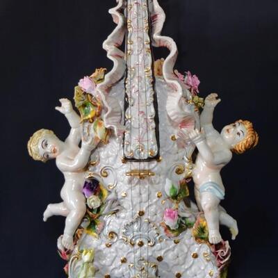Large Antique Italian Capodimonte Porcelain Lamp Cherub Angels Playing a Violin