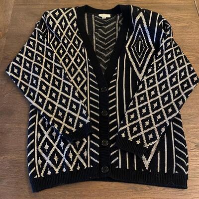 Retro Black & Gray Silver Geometric Diamond Button Front Cardigan Sweater
