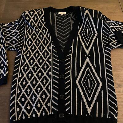 Retro Black & Gray Silver Geometric Diamond Button Front Cardigan Sweater