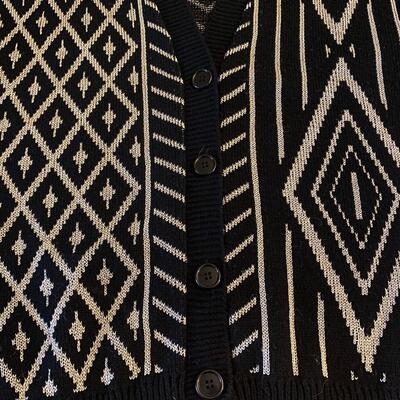Retro Black & Gray Silver Geometric Diamond Button Front Cardigan Sweater