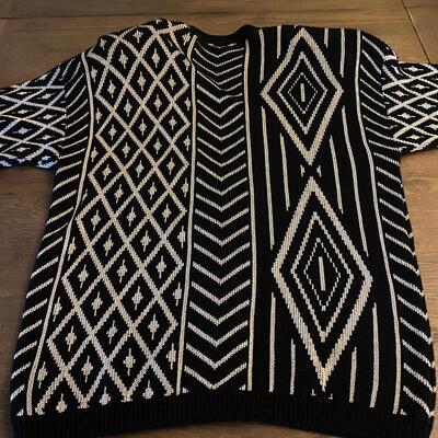 Retro Black & Gray Silver Geometric Diamond Button Front Cardigan Sweater