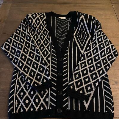 Retro Black & Gray Silver Geometric Diamond Button Front Cardigan Sweater