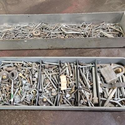 Lot 100: (2) Vintage Hardware Pans w/ Assorted Hardware Lot #5