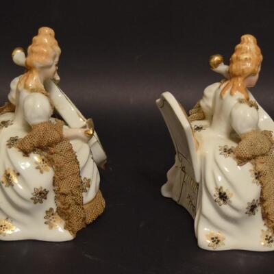Pair of Antique Dresden Lace Figurines Victorian Lady Playing A Musical Instrument