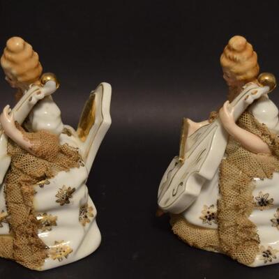 Pair of Antique Dresden Lace Figurines Victorian Lady Playing A Musical Instrument