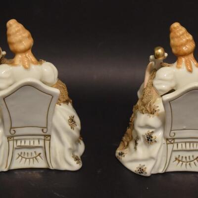 Pair of Antique Dresden Lace Figurines Victorian Lady Playing A Musical Instrument