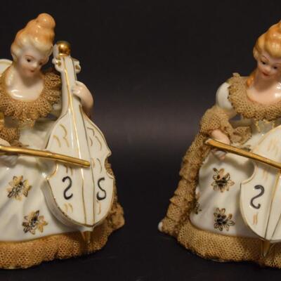 Pair of Antique Dresden Lace Figurines Victorian Lady Playing A Musical Instrument