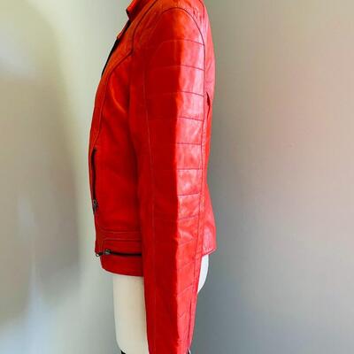 LOT 138  BIGHT CORAL LEATHER MOTO JACKET BY CIGNO NERO MADE IN INDIA SIZE 42 