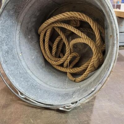 Lot 121: Vintage Metal Buckets (one stuck in other) + Rope Remnant 