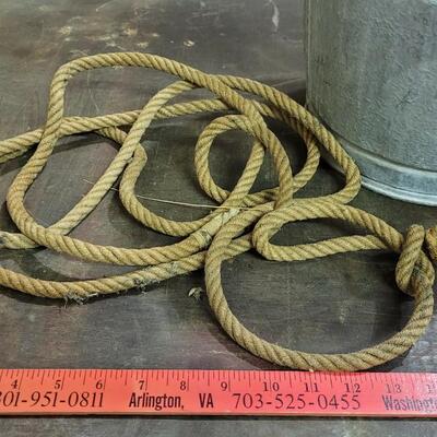 Lot 121: Vintage Metal Buckets (one stuck in other) + Rope Remnant 