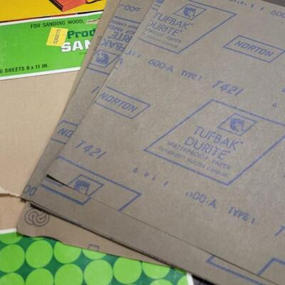 Lot 128: Assorted Sandpaper Packs + (2) Safety Glasses and Pack of Dust Masks