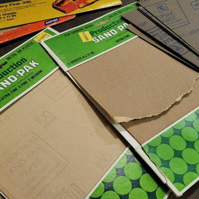 Lot 128: Assorted Sandpaper Packs + (2) Safety Glasses and Pack of Dust Masks