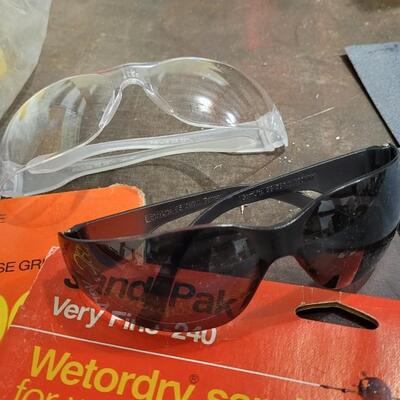 Lot 128: Assorted Sandpaper Packs + (2) Safety Glasses and Pack of Dust Masks