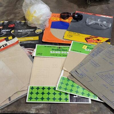 Lot 128: Assorted Sandpaper Packs + (2) Safety Glasses and Pack of Dust Masks