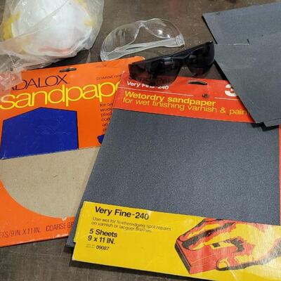 Lot 128: Assorted Sandpaper Packs + (2) Safety Glasses and Pack of Dust Masks