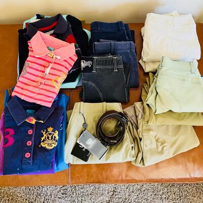 Lot 145   GROUP OF EQUESTRIAN CLOTHING POLOS PANTS BELT HOOF & WOOF SIZE S  WAIST 27 & 28