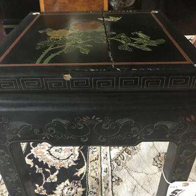 CHINOISERIE ROSES/BLACK LAQUER GLASS TOP SIDE TABLE