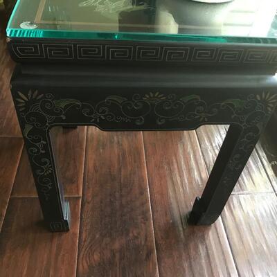 CHINOISERIE ROSES/BLACK LAQUER GLASS TOP SIDE TABLE